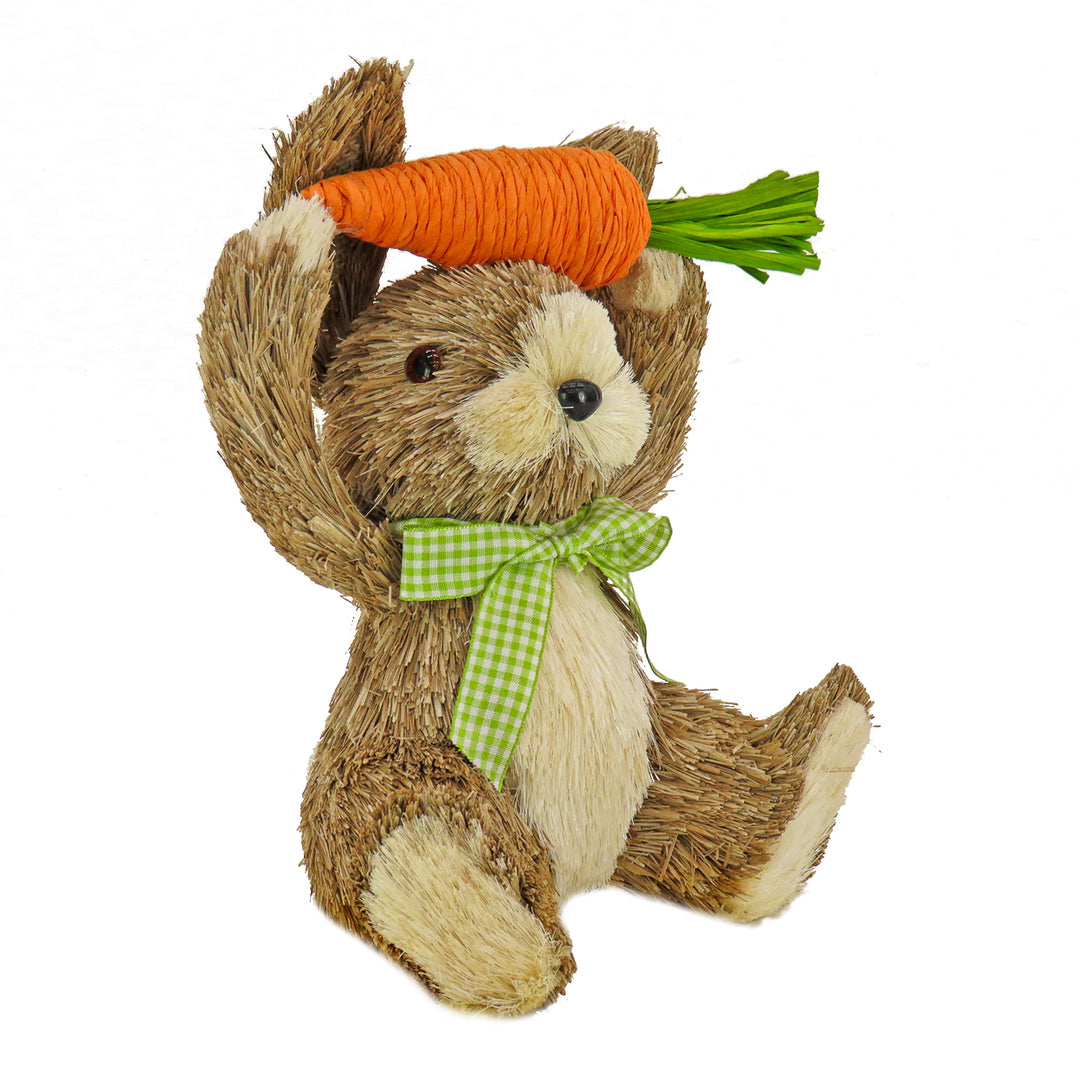 Bunny with Carrot Table Decoration, Natural Wood Fibers on Foam Base, Decorated with Checkered Green Bow, Easter Collection, 9 Inches