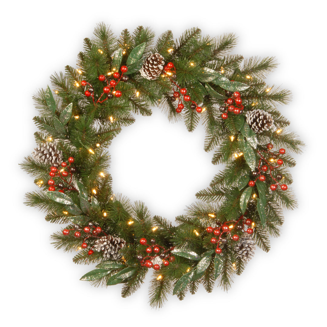 Pre-Lit Artificial Christmas Wreath, Green, Frosted Berry, White Lights, Decorated with Frosted Branches, Pine Cones, Christmas Collection, 24 Inches
