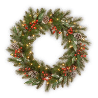 24 in. Pre-Lit Frosted Pine Berry Wreath with LED Lights - National Tree Company