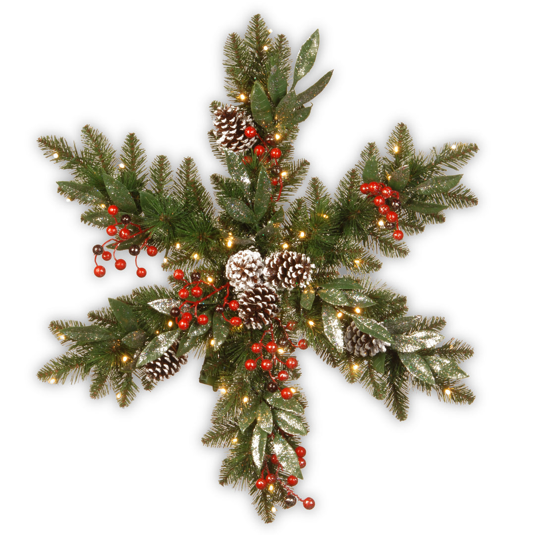 Pre-Lit Artificial Christmas Hanging Snowflake, Green, Frosted Berry Pine, Decorated with Pine Cones, Berry Clusters, Frosted Branches, Christmas Collection, 32 Inches