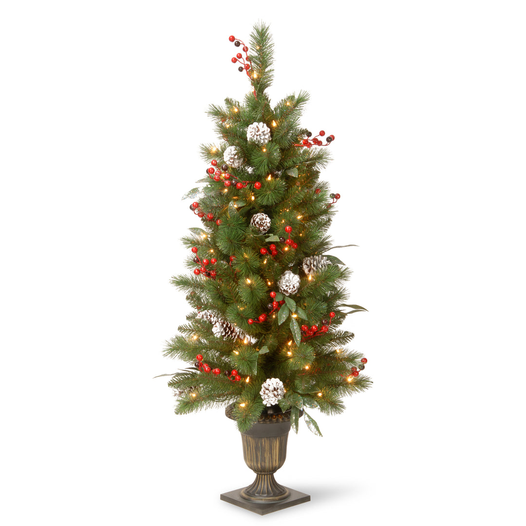Pre-Lit Artificial Entrance Christmas Tree, Frosted Berry Pine, Green, White Lights, Decorated with Berry Clusters, Pine Cones, Includes Metal Base, 4 Feet