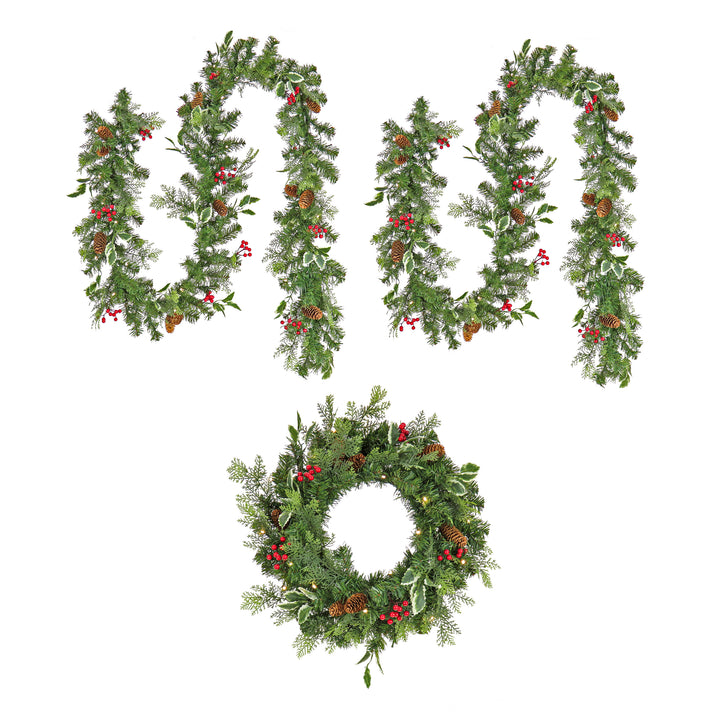 First Traditions Collection Pre-Lit Holly Berry Wreath and Garland 3pc Set