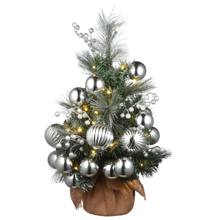 Pre-Lit Artificial Christmas Tree, Green, Frosted Silver Pine, White LED Lights, Decorated with Berry Clusters, Ball Ornaments, Includes Cloth Bag Base, Battery Operated, 24 Inches