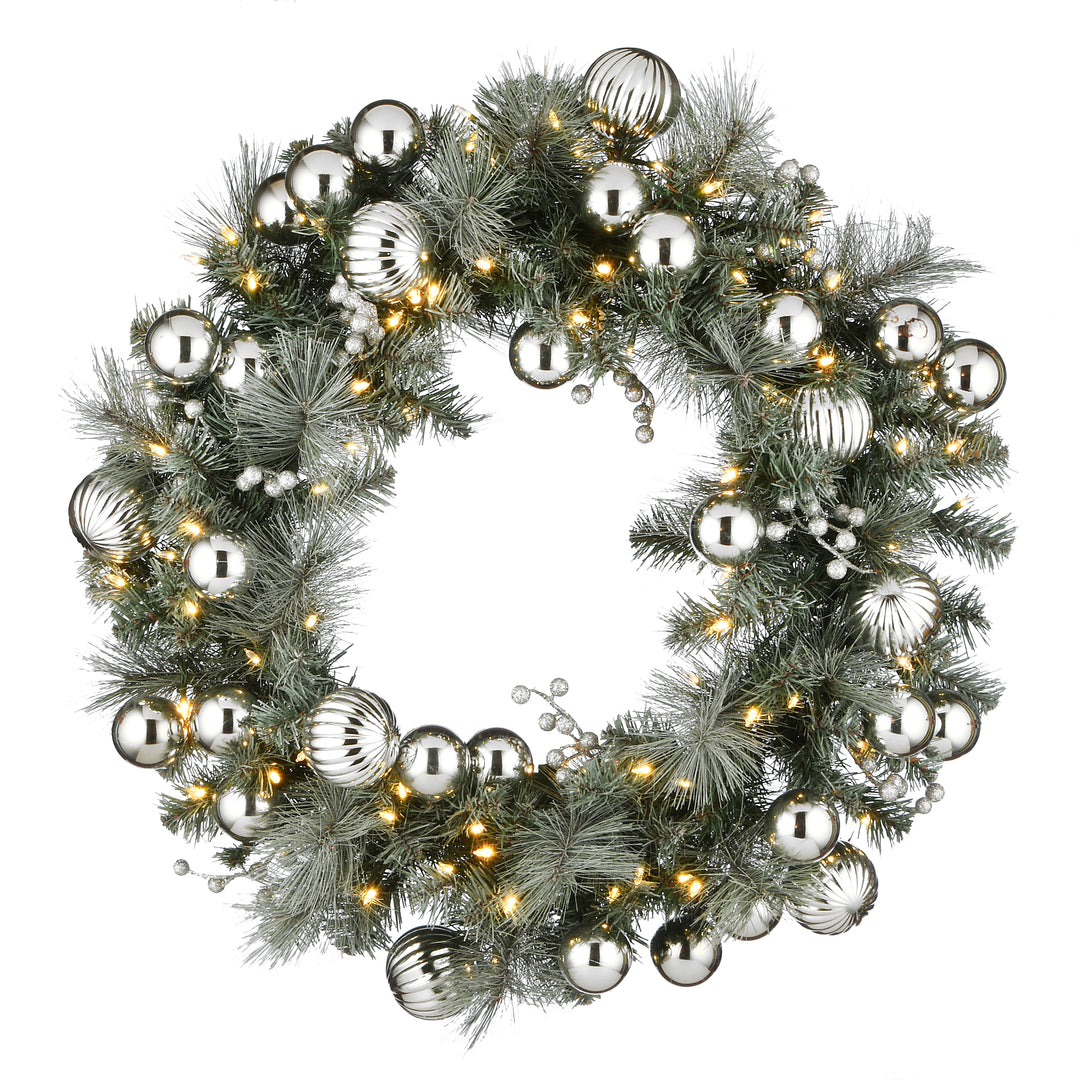 Pre-Lit Artificial Christmas Wreath, Green, Snowy Silver Pine, White Lights, Decorated with Ball Ornaments, Berry Clusters, Christmas Collection, 30 Inches