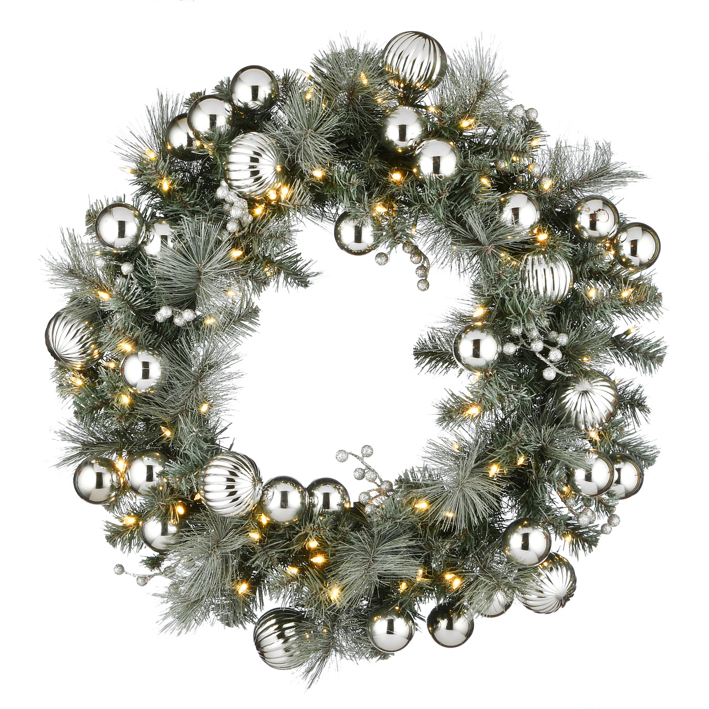 30 in. Pre-Lit Frosted Silver Pine Wreath with LED Lights - National Tree Company