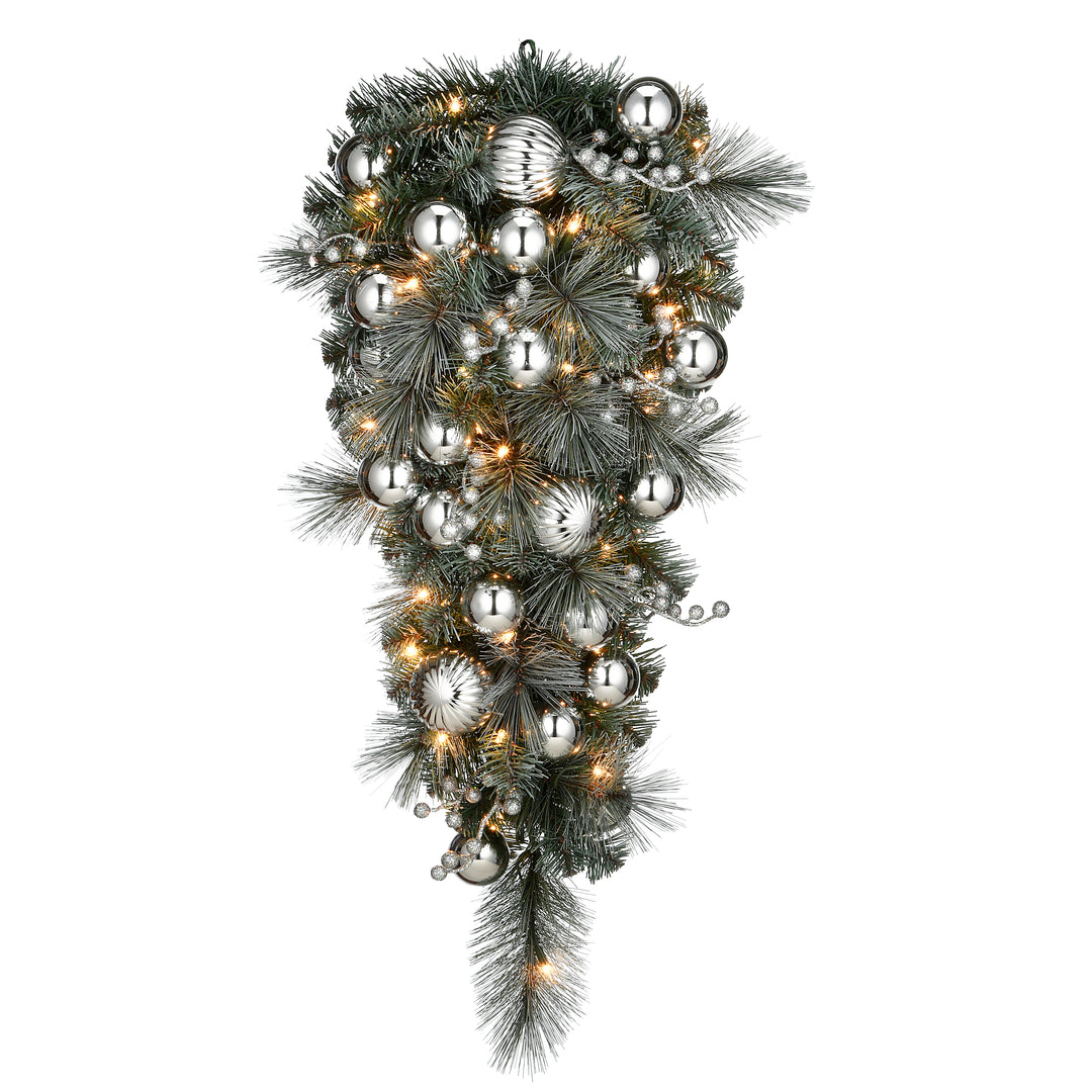 Pre-Lit Artificial Christmas Teardrop, Green, Silver Pine, White Lights, Decorated with Ball Ornaments, Berry Clusters, Christmas Collection, 36 Inches