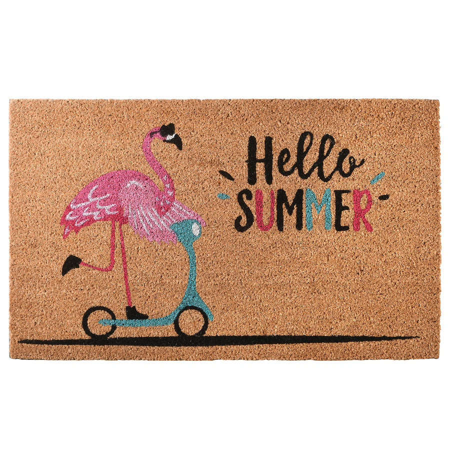 30" Pink Flamingo Hello Summer Beige Coir Doormat - National Tree Company