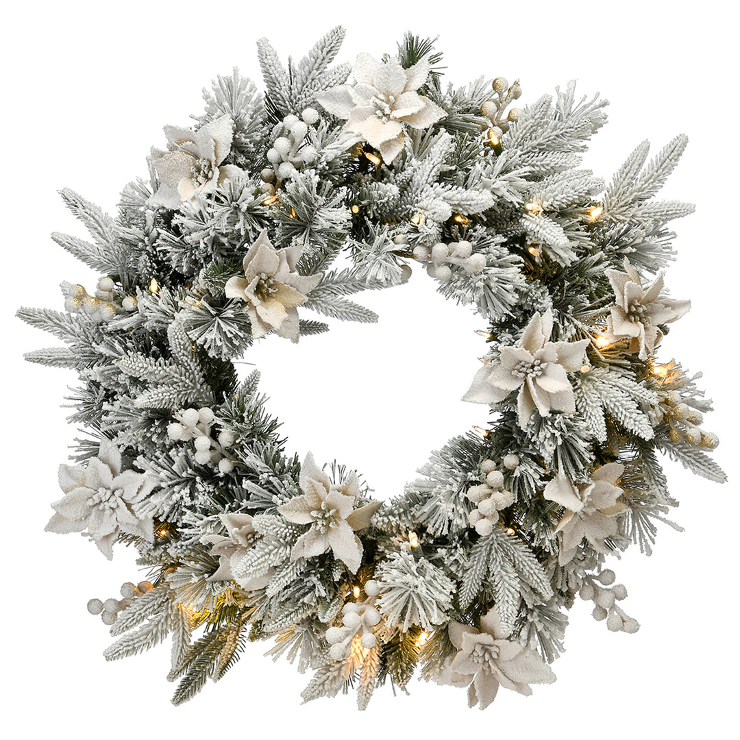 Artificial Christmas Wreath, Green, Colonial Fir, White Lights, Decorated with Berry Clusters, Flowers, Frosted Branches, Christmas Collection, 24 Inches