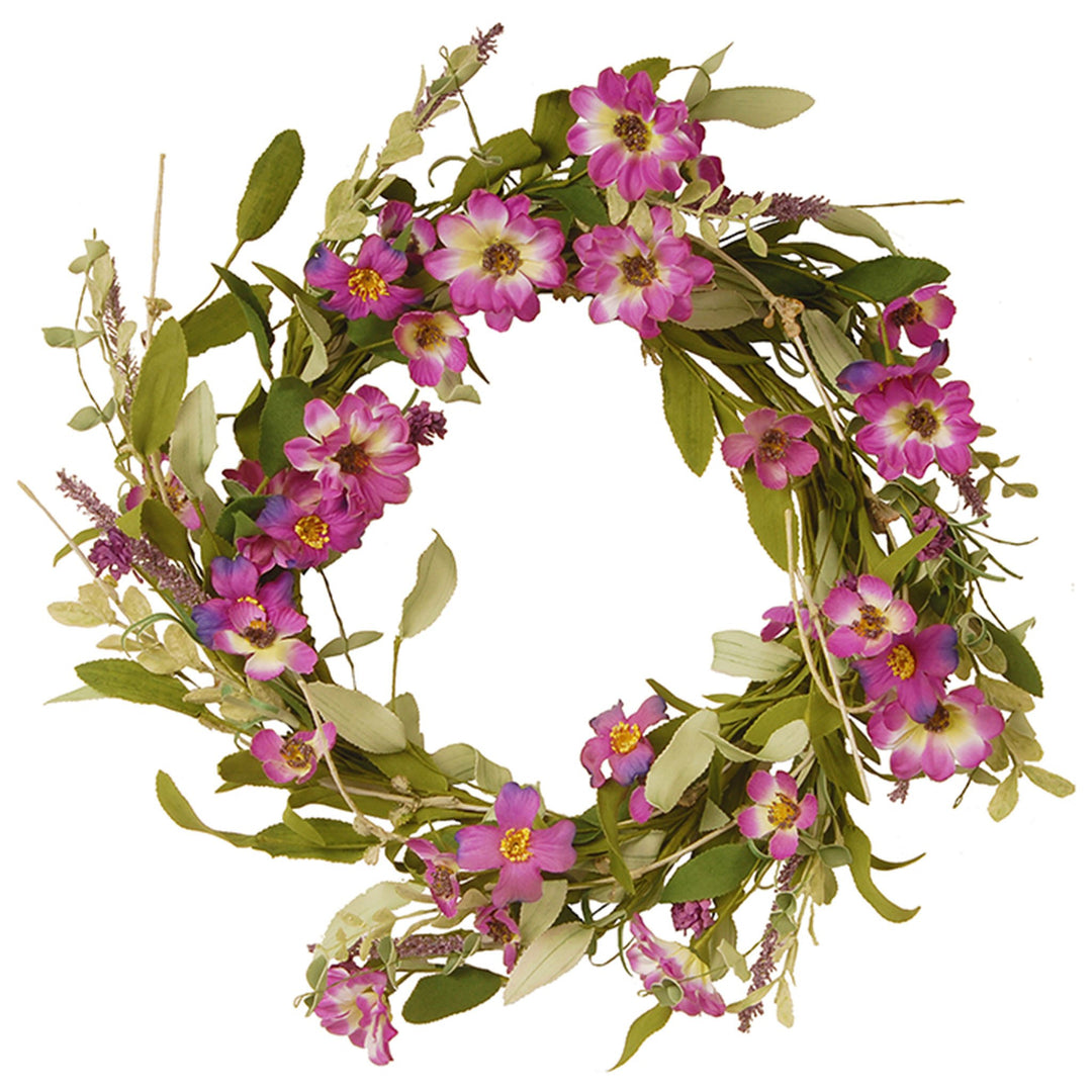 Artificial Hanging Wreath, Green, Purple Daisy, Woven Vine Stem Base, Decorated with Flower Blooms, Leafy Greens, Spring Collection, 20 Inches