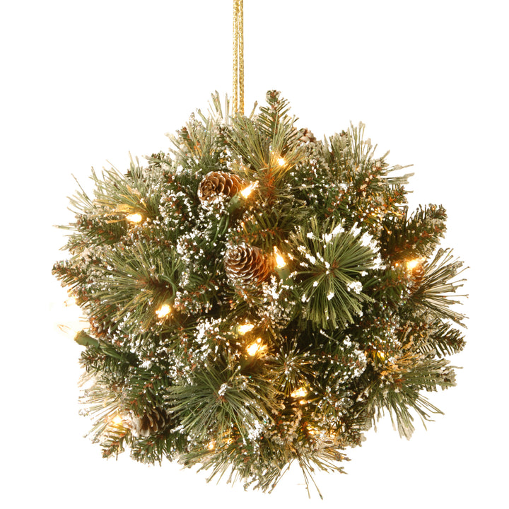Pre-Lit Artificial Christmas Kissing Ball, Green, Glittery Bristle Pine, Decorated with Pine Cones, Frosted Branches, Christmas Collection, 12 Inches