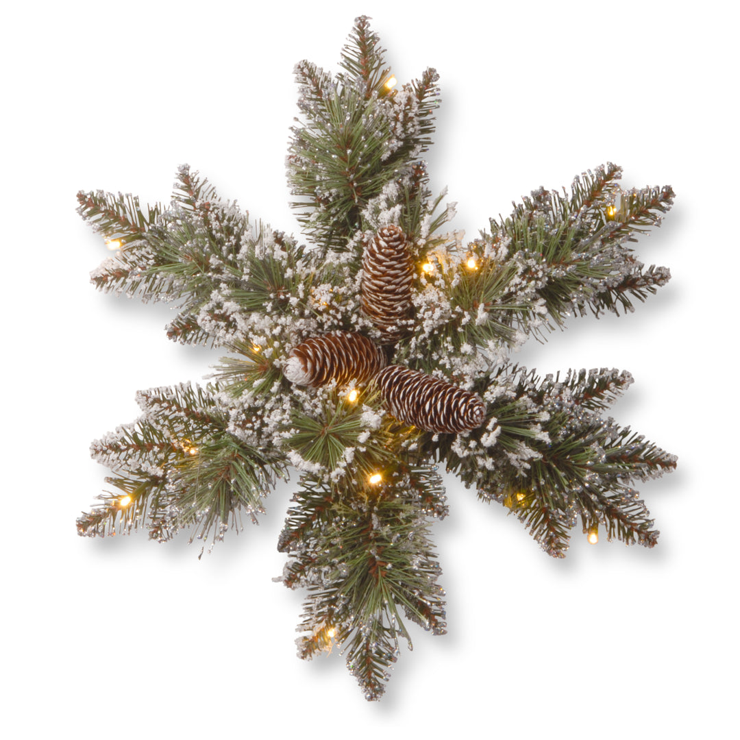 National Tree Company Pre-Lit Artificial Christmas Hanging Snowflake, Green, Glittery Bristle Pine, Decorated with Pine Cones, Frosted Branches, Christmas Collection, 18 Inches