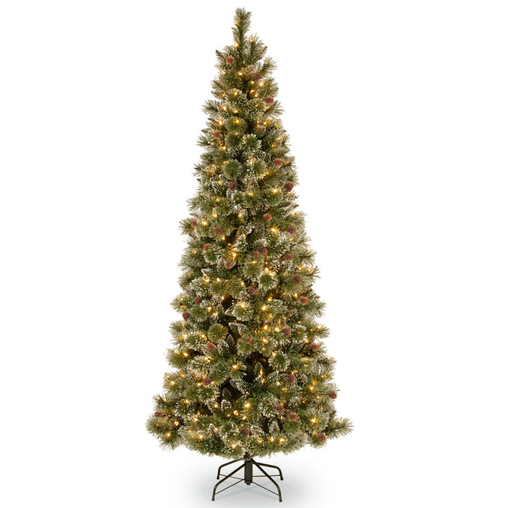 Pre-Lit Artificial Slim Christmas Tree, Green, Glittery Bristle Pine, White Lights, Includes Stand, 7.5 Feet