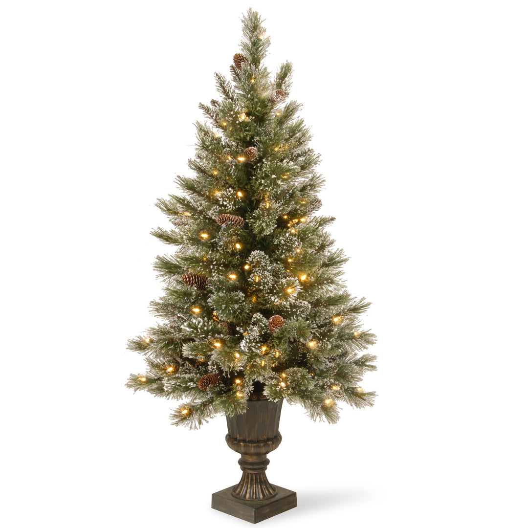 Pre-Lit Artificial Entrance Christmas Tree, Green, Glittery Bristle Pine, White LED Lights, Flocked with Pine Cones, Frosted Branches, Includes Decorative Urn Base, 5 Feet