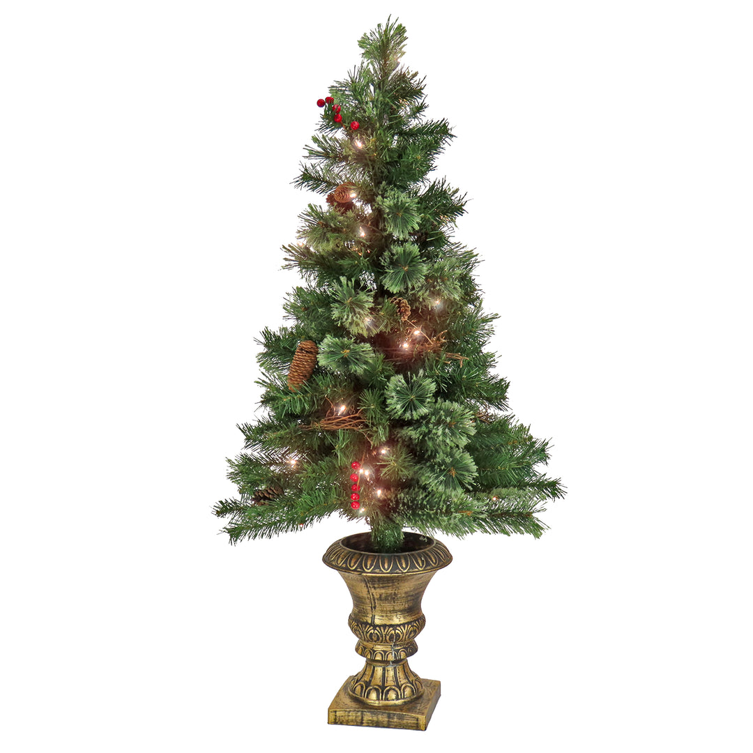 Artificial Glistening Pine Entrance Christmas Tree with Red Berries and Pinecones, Pre-Lit with Clear Incandescent Lights, Plug In, 4 ft