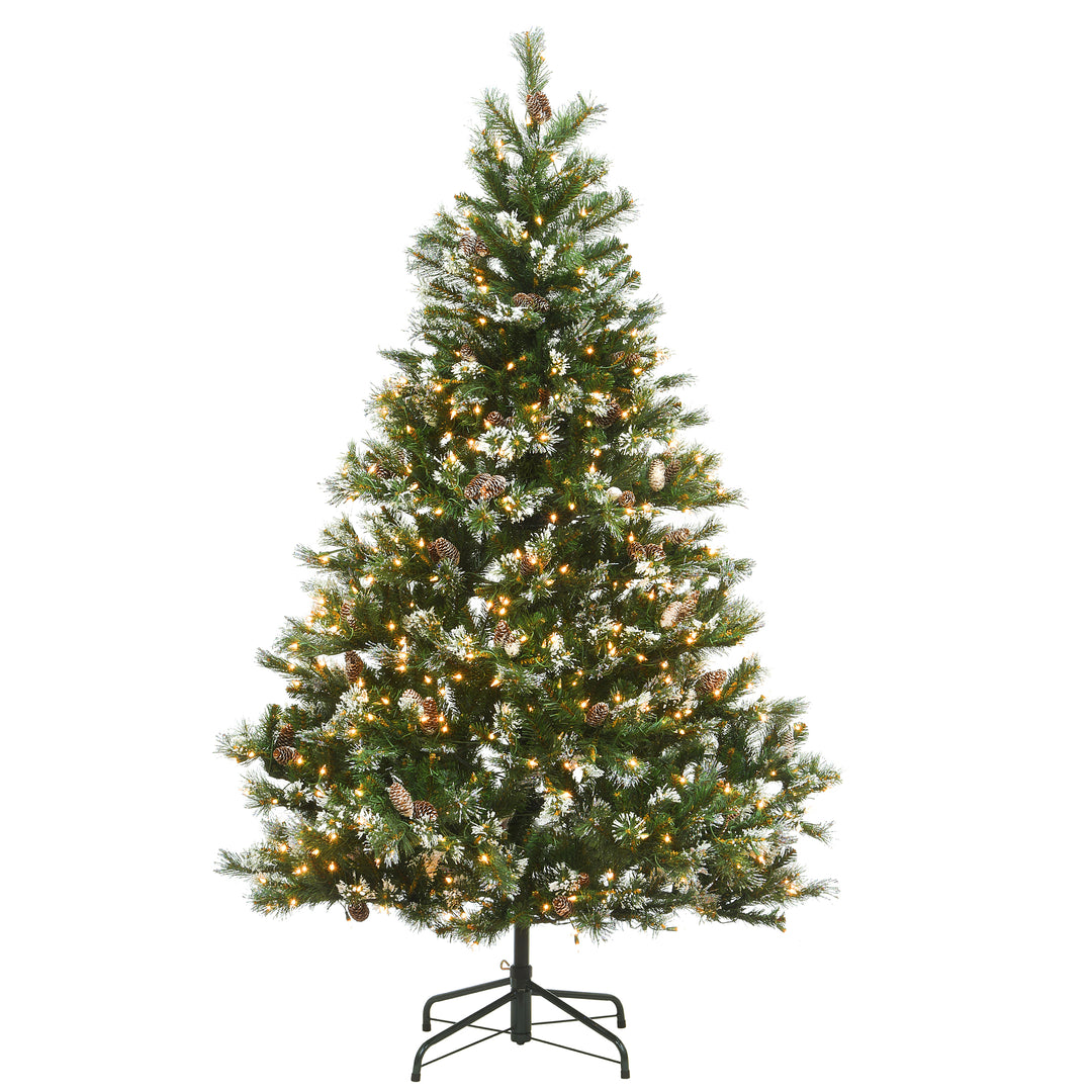 Pre-Lit Artificial Slim Christmas Tree, Green, Glittery Bristle Pine, White Lights, Flocked with Pine Cones, Frosted Branches, Includes Stand, 6.5 Feet
