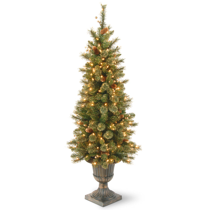 Pre-Lit Artificial Entrance Christmas Tree, Glittery Gold Pine, Green, White Lights, Decorated with Berry Clusters, Pine Cones, Includes Metal Base, 4 Feet
