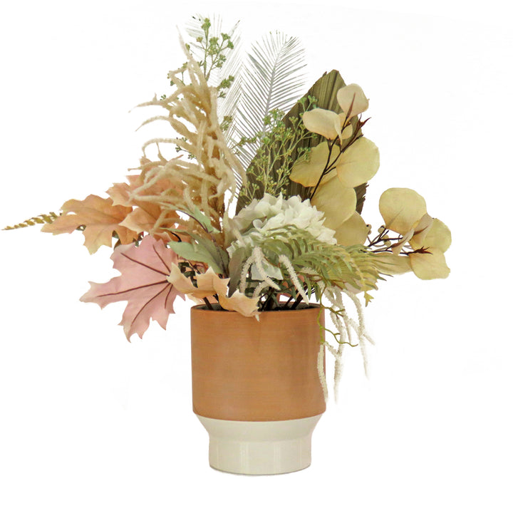 Artificial Potted Plant Table Decoration, White, Decorated with Assorted Palms, Leaves, Spring Collection, 32 Inches