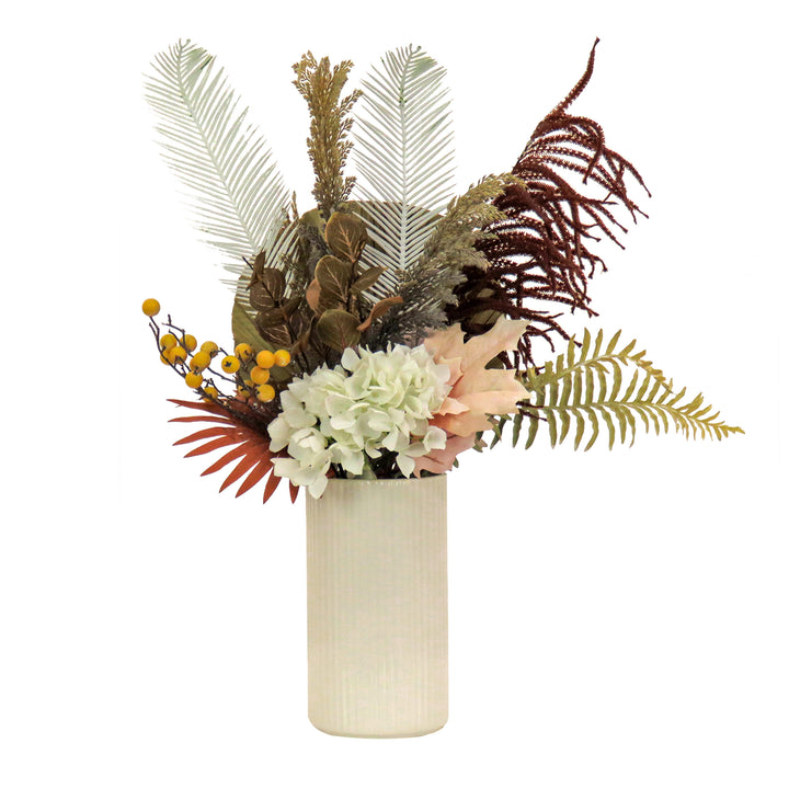 Artificial Potted Plant Table Decoration, Black, Decorated with Fern Branches, Hydrangea Blooms, Spring Collection, 31 Inches