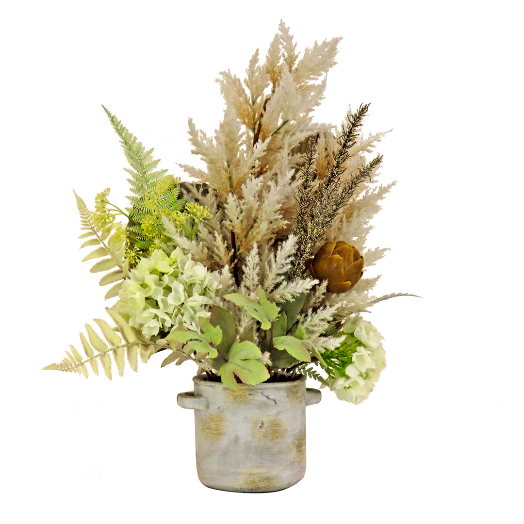 Artificial Potted Plant Table Decoration, White, Decorated with Hydrangea Blooms, Assorted Palms, Spring Collection, 33 Inches
