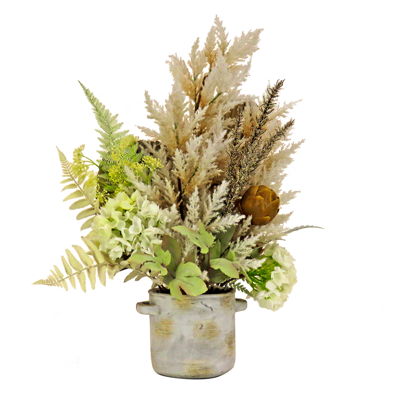 Artificial Potted Plant Table Decoration, White, Decorated with Hydrangea Blooms, Assorted Palms, Spring Collection, 33 Inches - National Tree Company