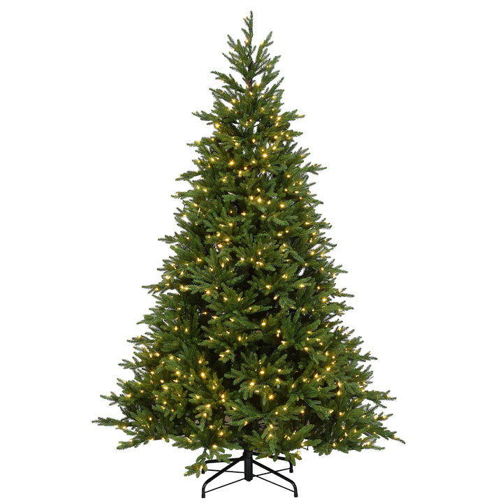 Pre-Lit 'Feel Real' Artificial Christmas Tree, Huron Spruce, Green, Dual Color LED Lights, Includes Stand, 7.5 Feet