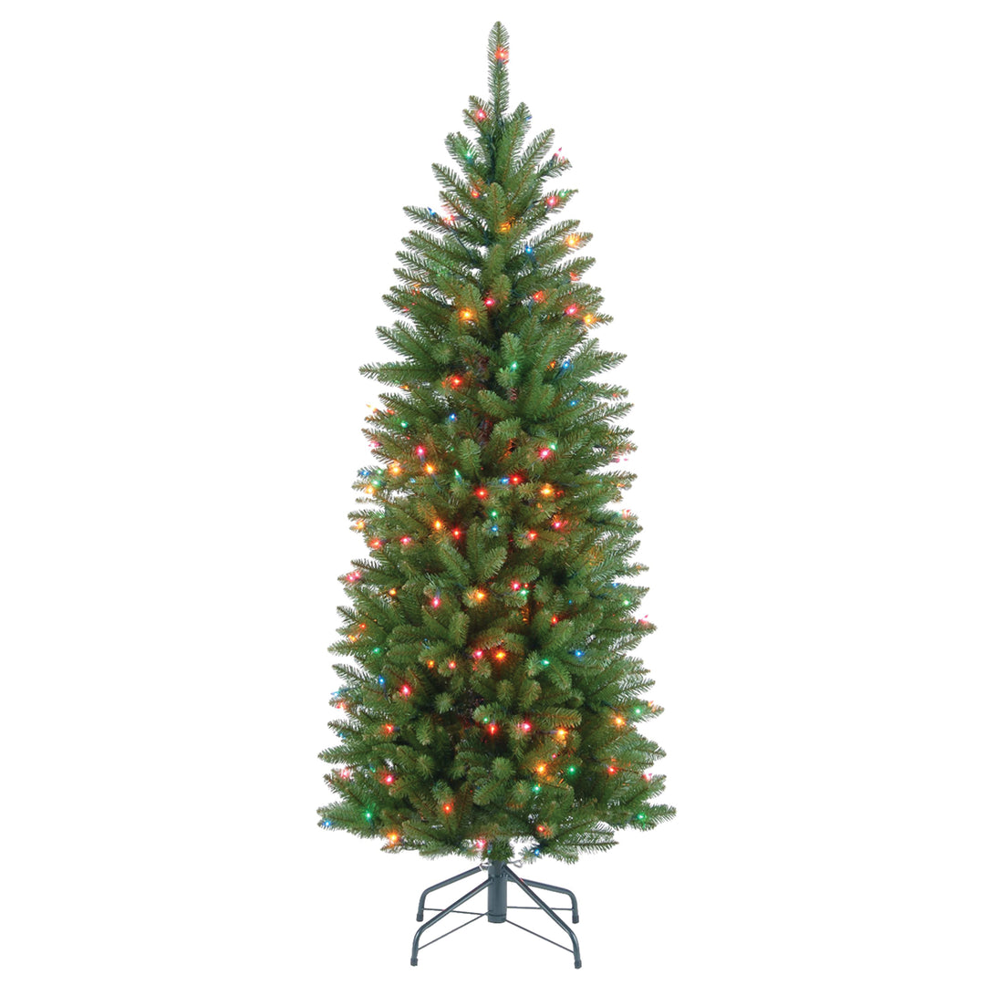 Artificial Pre-Lit Slim Christmas Tree, Green, Kingswood Fir, Multicolor Lights, Includes Stand, 4.5 Feet