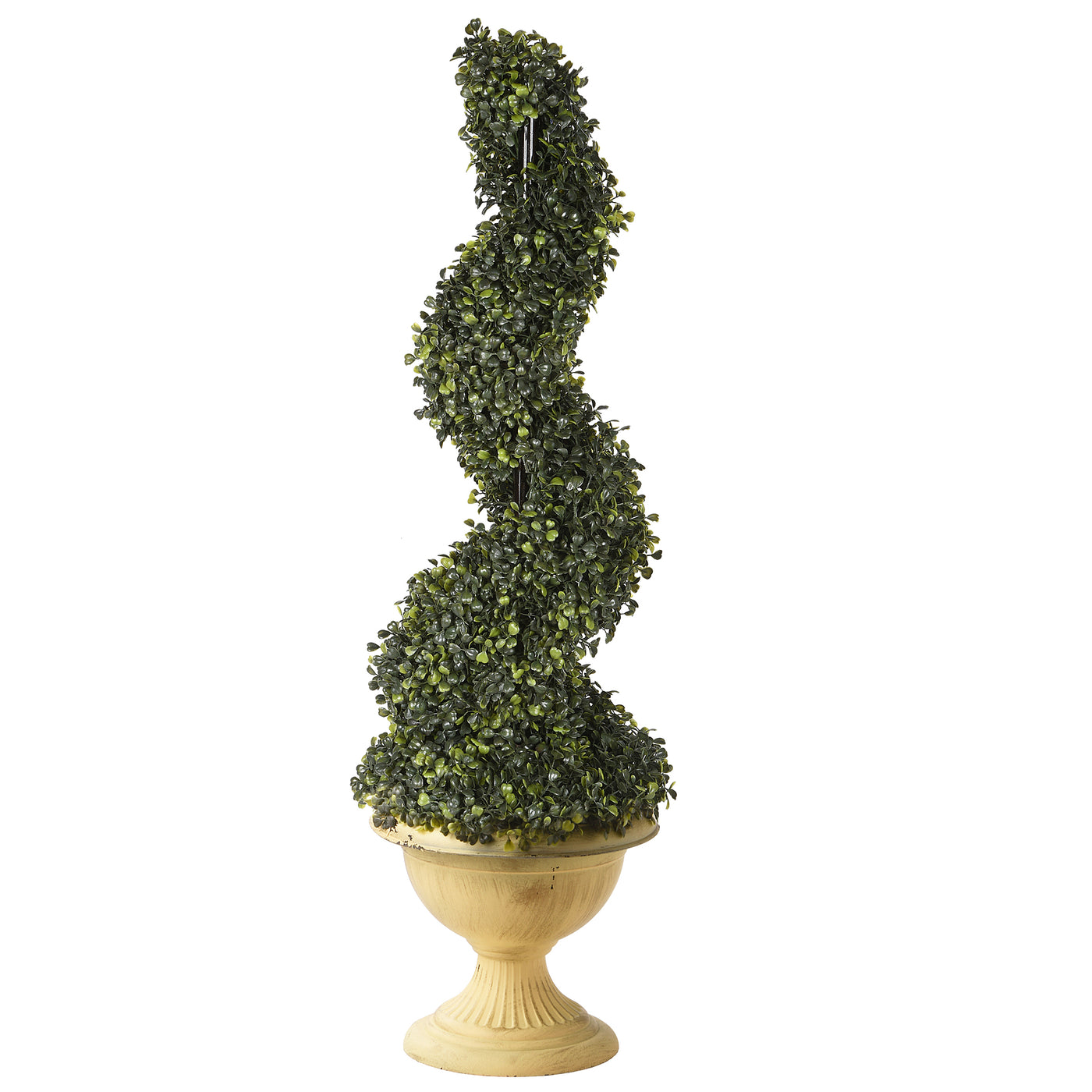 Artificial Spiral Shrub, Boxwood, Green, Includes Distressed Yellow Urn Base, Outdoor Collection, 39 Inches - National Tree Company