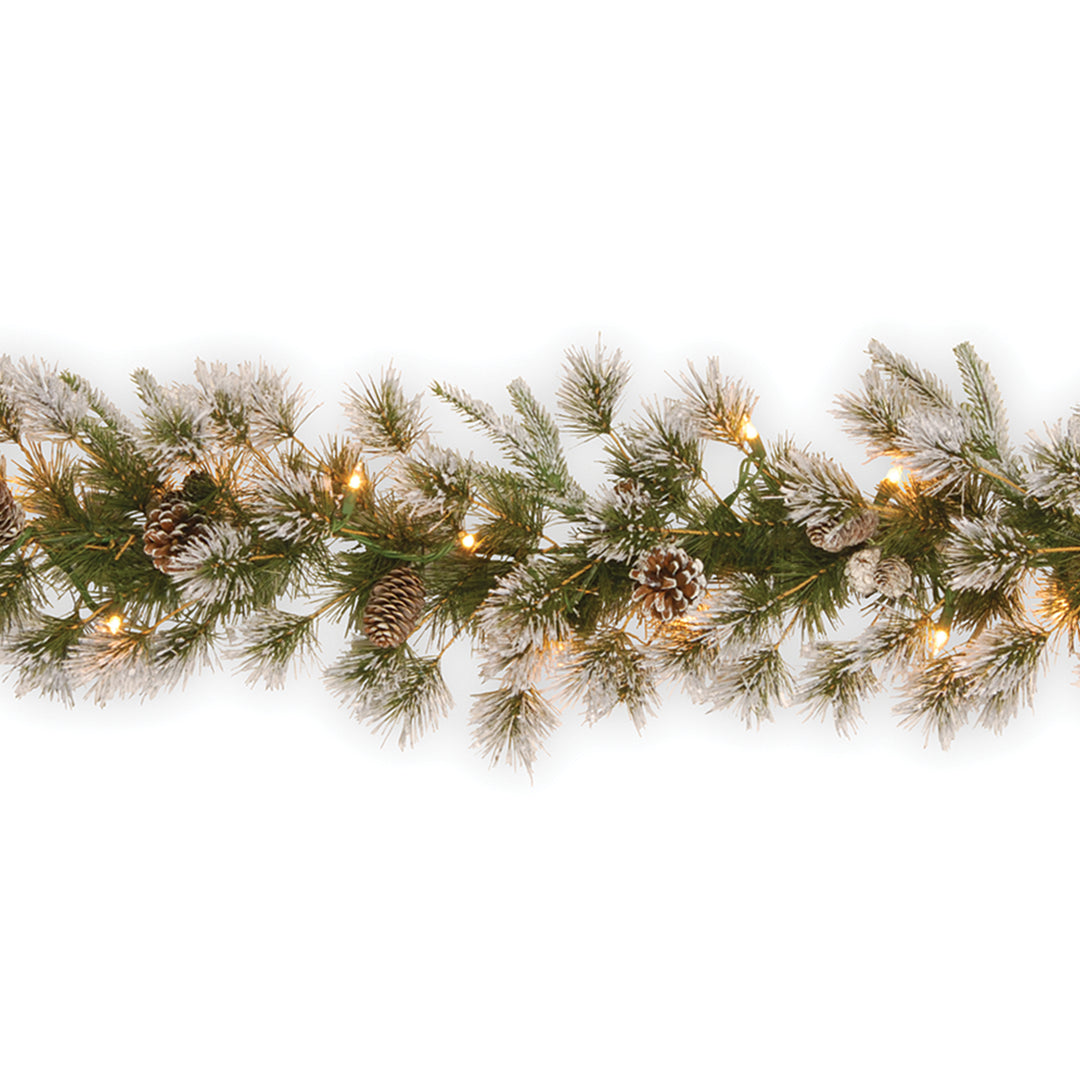 National Tree Company Pre-Lit 'Feel Real' Artificial Christmas Garland, Green, Liberty Pine, White Lights, Decorated With Pine Cones, Frosted Branches, Plug In, Christmas Collection, 9 Feet