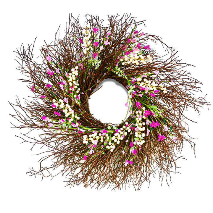 24" Spring Dark Pink & Cream Forsythia Twig Wreath