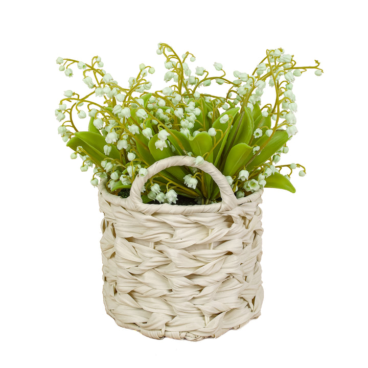 11" Green Lily-of-the-Valley Flowers in White Basket