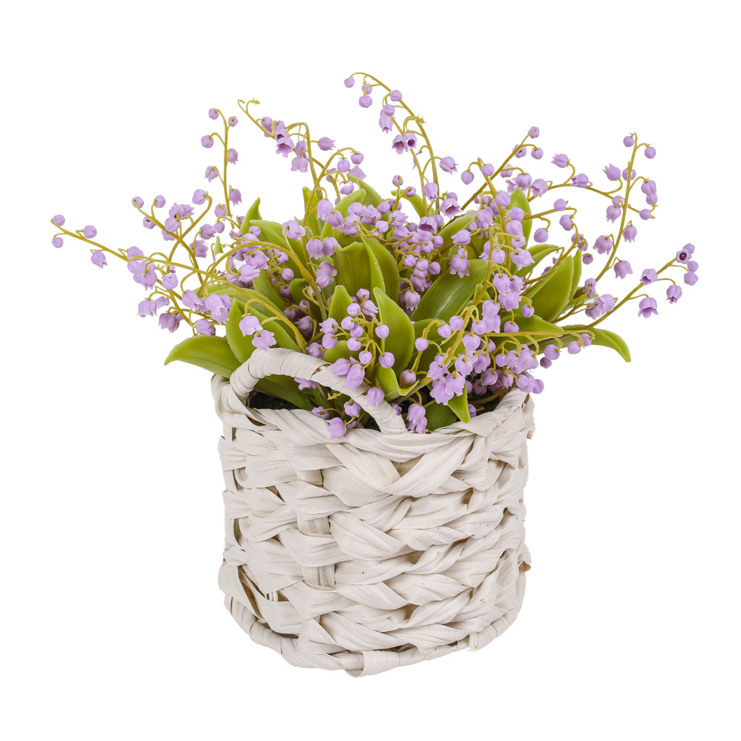 11" Mauve Lily-of-the-Valley Flowers in White Basket