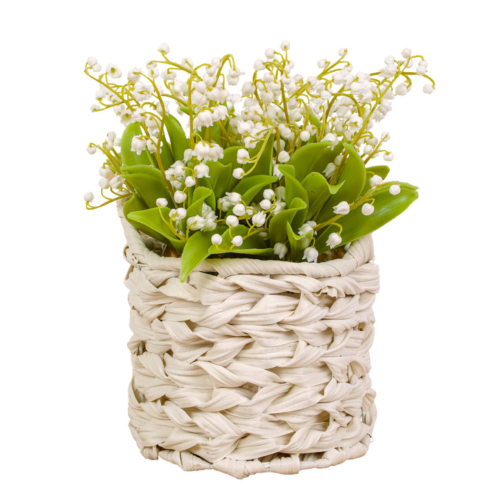 11" White Lily-of-the-Valley Flowers in White Basket