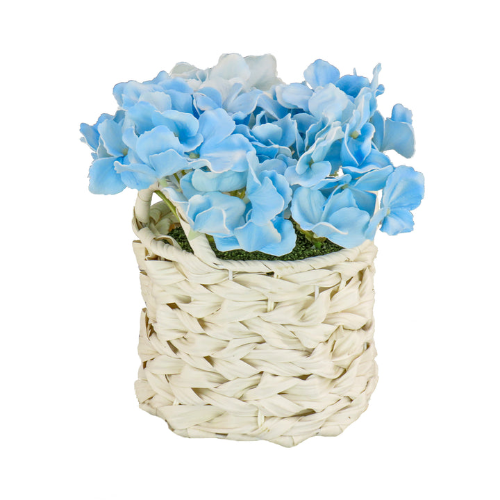 10" Blue Hydrangea Bouquet in White Basket