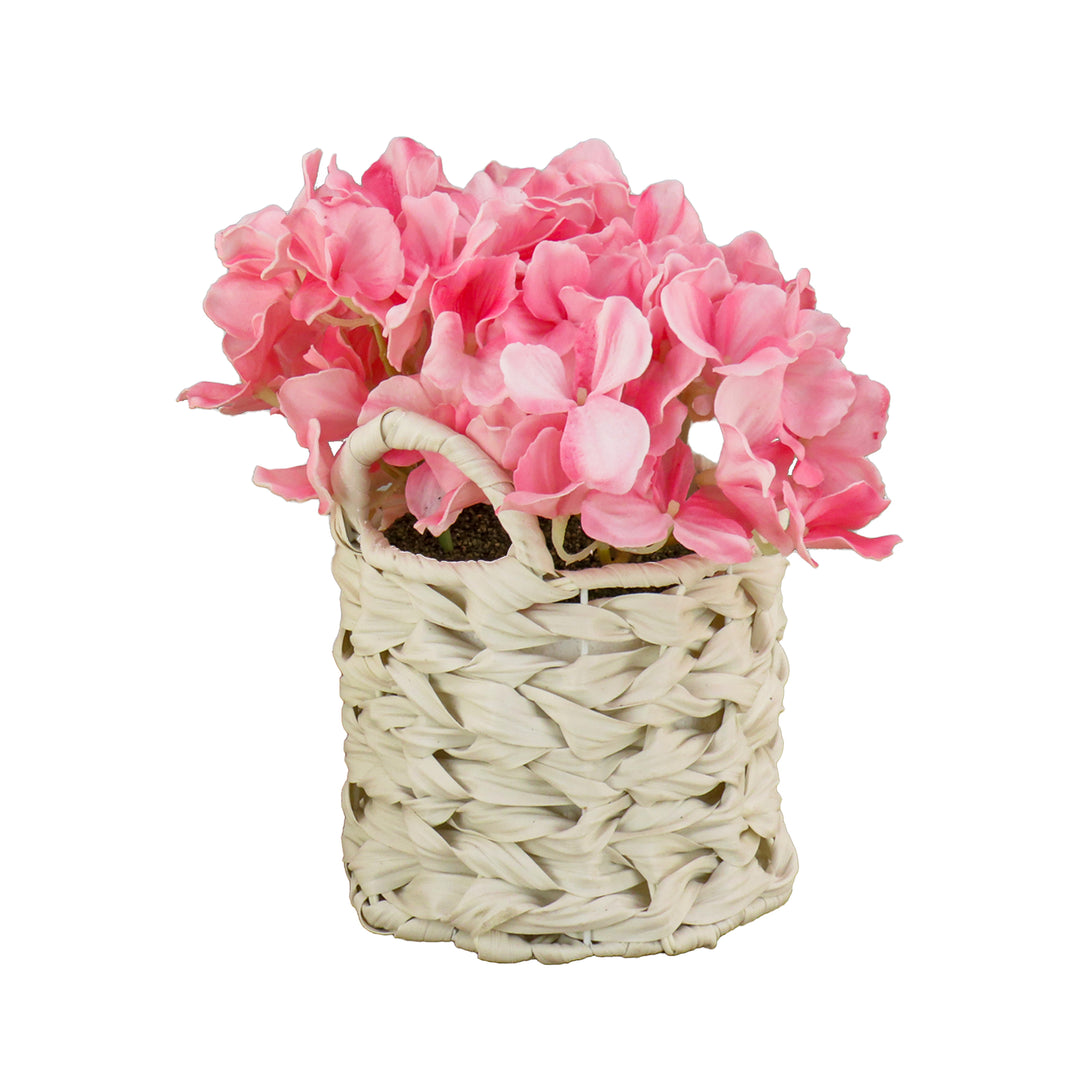 10" Pink Hydrangea Bouquet in White Basket