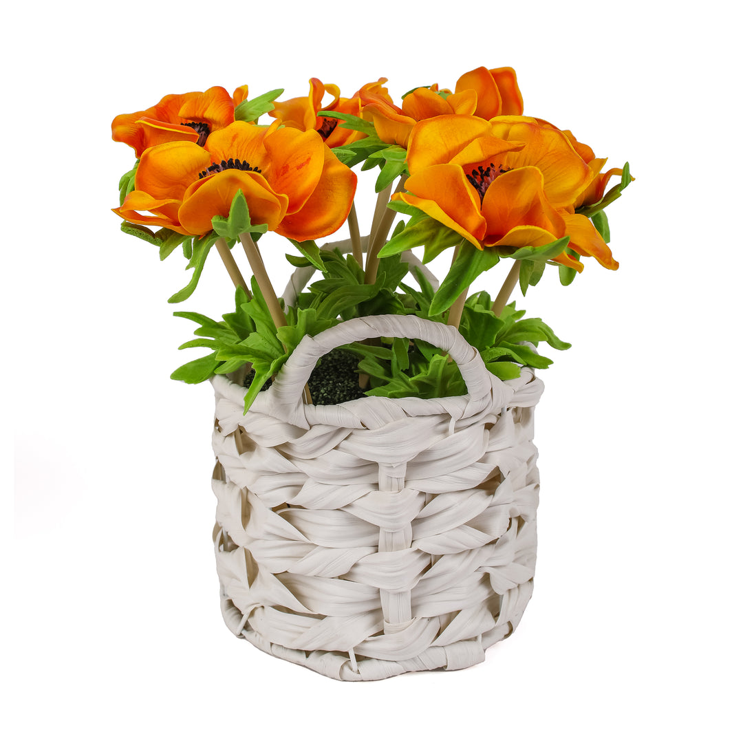 10" Orange Anemone Flower Bouquet in White Basket