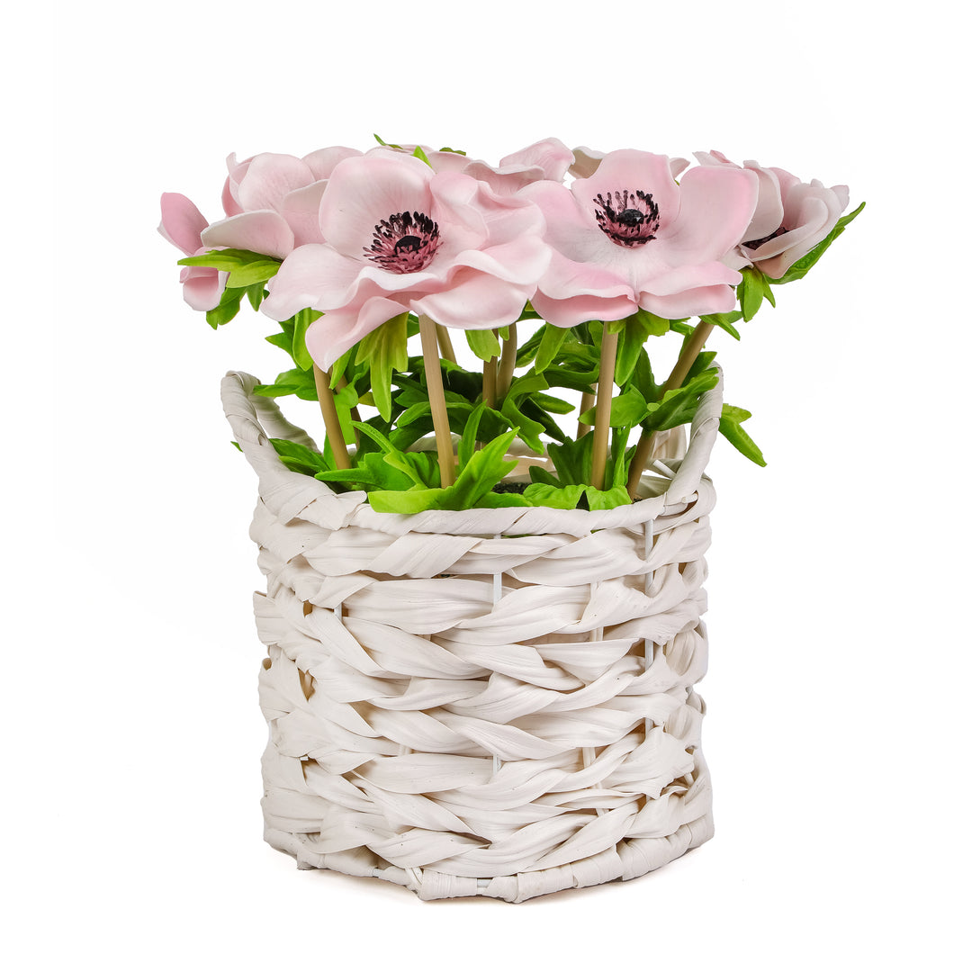 10" Pink Anemone Flower Bouquet in White Basket