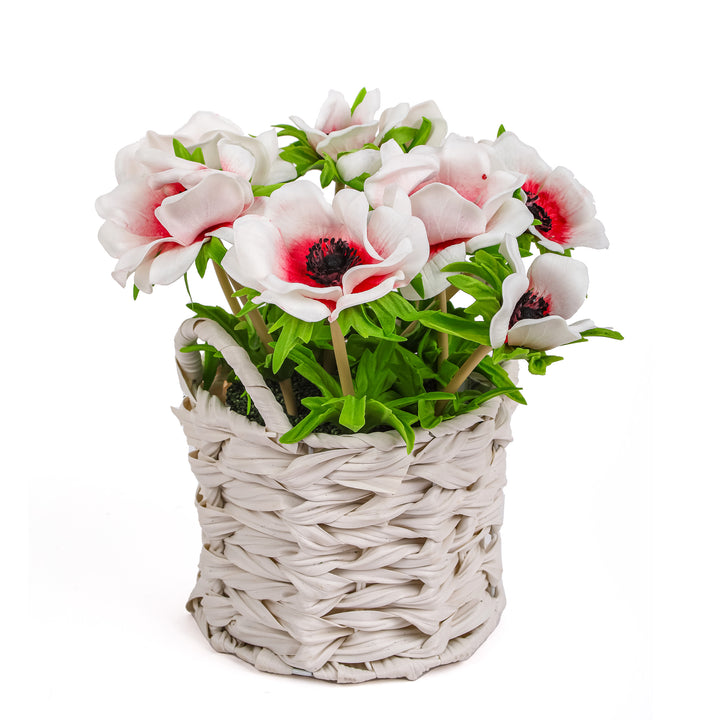 10" White Anemone Flower Bouquet in White Basket