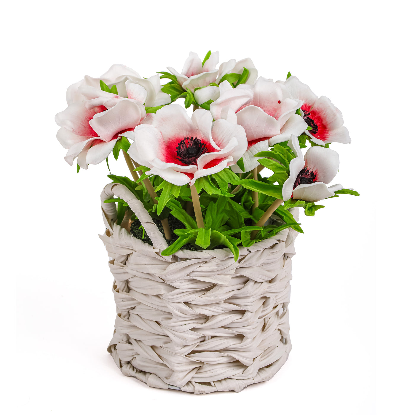 10" White Anemone Flower Bouquet in White Basket - National Tree Company