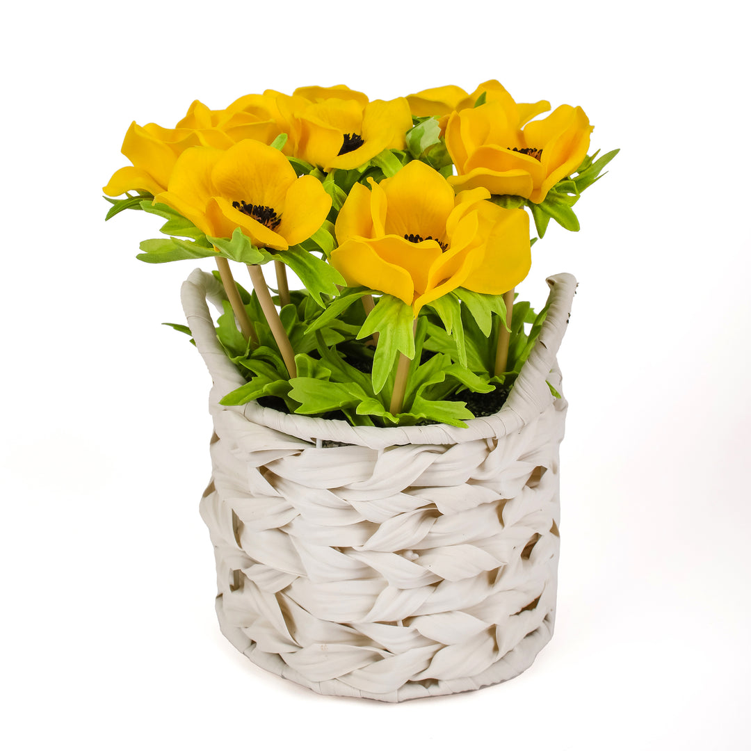 10" Yellow Anemone Flower Bouquet in White Basket