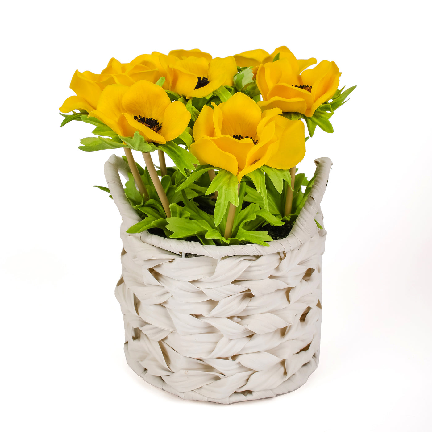 10 in. Spring Yellow Anemone Flower Bouquet in White Basket - National Tree Company