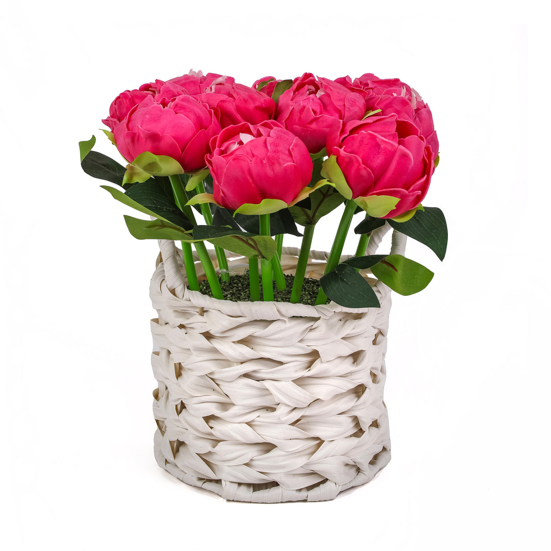 10" Pink Peony Flower Bouquet in White Basket