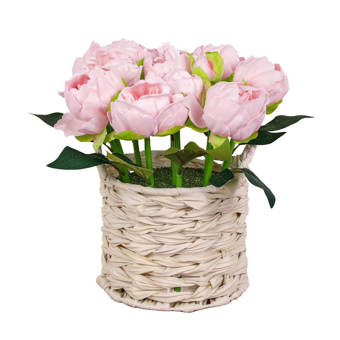10" Light Pink Peony Flower Bouquet in White Basket