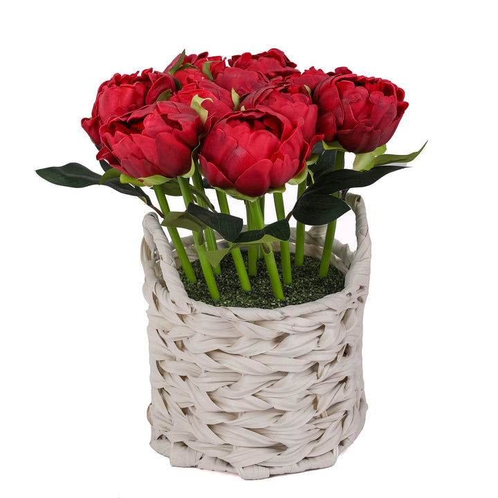 10" Red Peony Flower Bouquet in White Basket