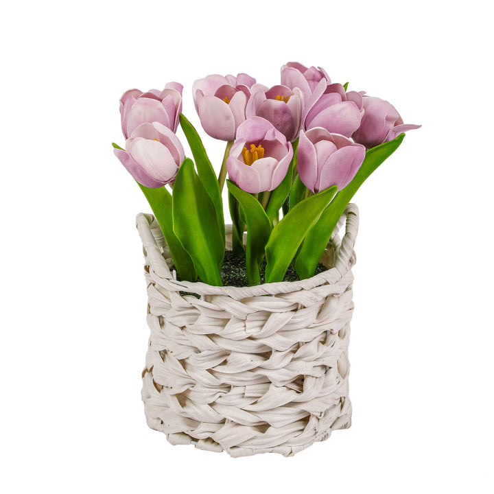 10" Mauve Tulip Bouquet in White Basket
