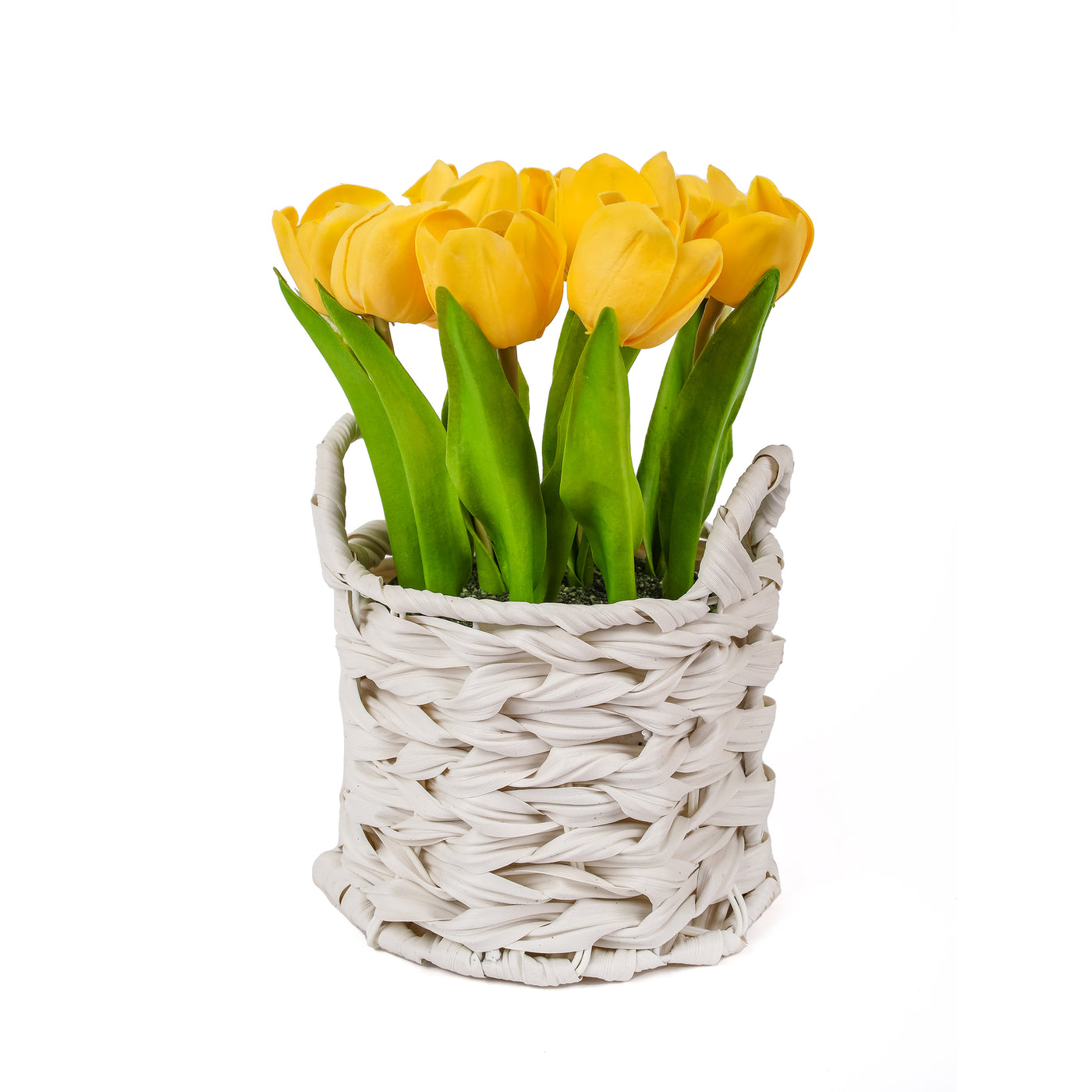 10 in. Spring Yellow Tulip Bouquet in White Basket - National Tree Company