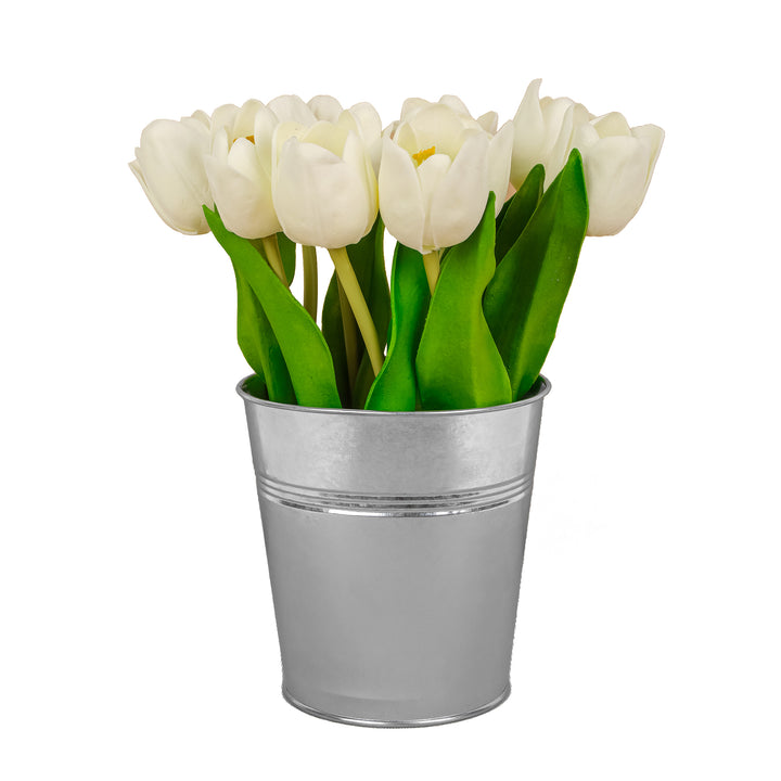 9" White Tulip Bouquet in Metal Pot