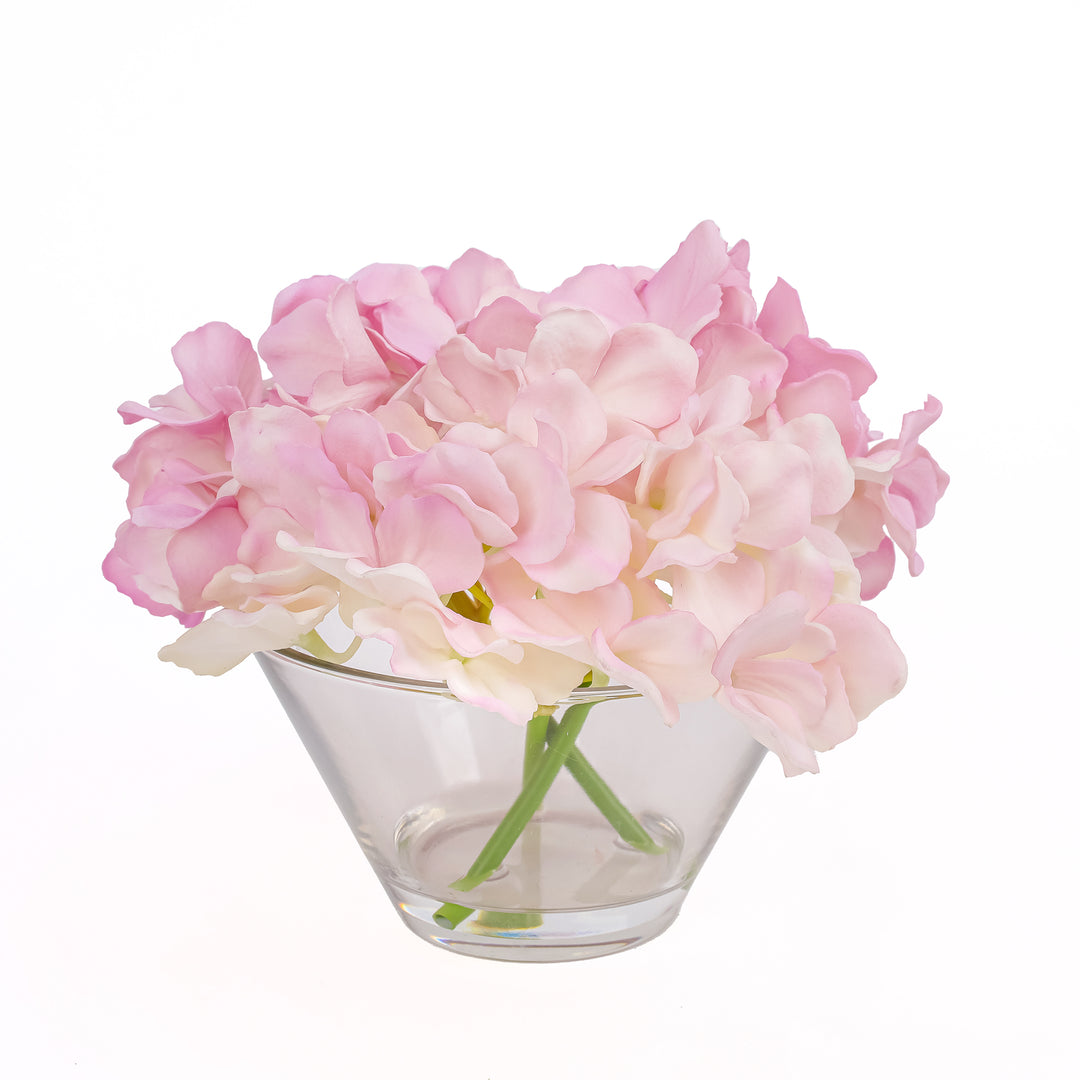 8" Mixed Mauve Hydrangea Bouquet in Glass Vase