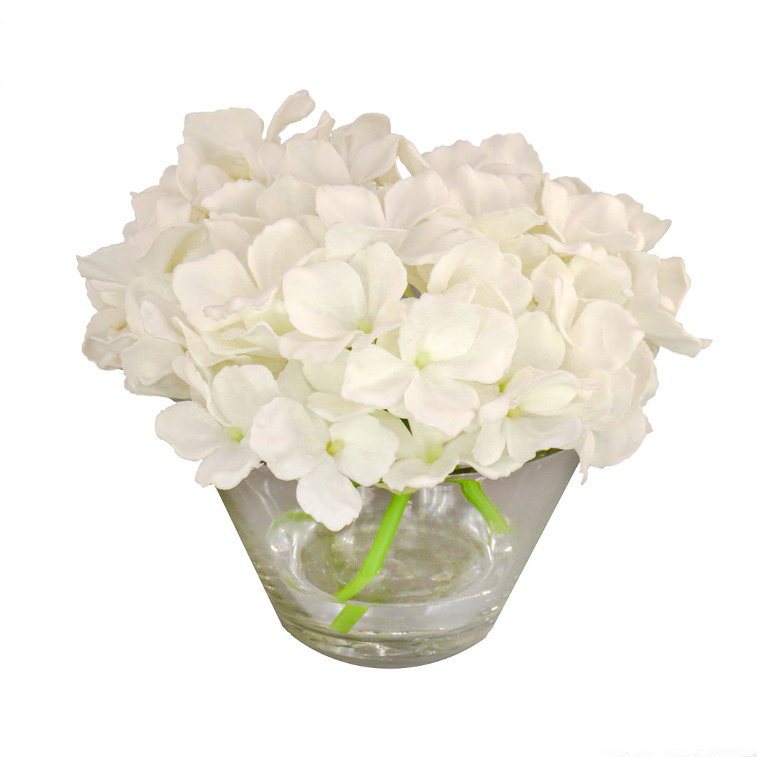 8" White Hydrangea Bouquet in Glass Vase