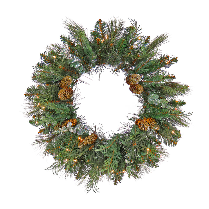 First Traditions Collection, 24"  Pre-Lit Artificial North Conway Wreath with Glittery Cones and Eucalyptus