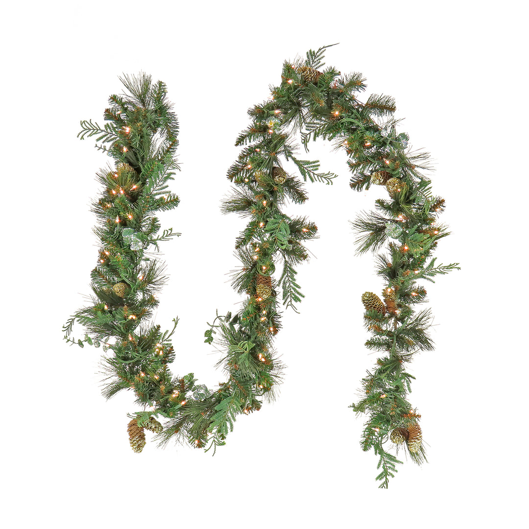 First Traditions Collection, 9 ft Pre-Lit Artificial North Conway Garland with Glittery Cones and Eucalyptus, 100 Warm White LED Lights- Battery Operated with Timer